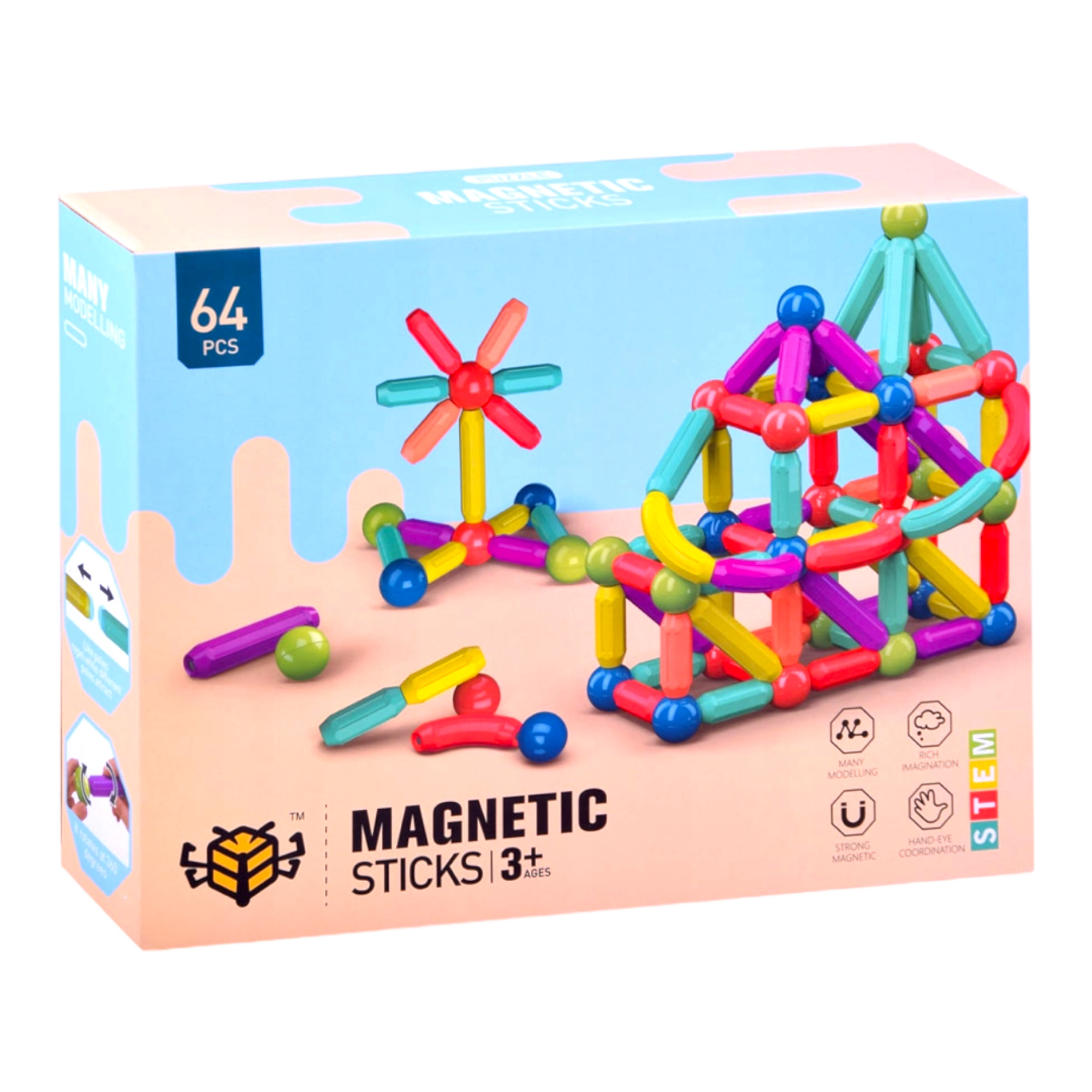 KLOCKI MAGNETYCZNE MAGNETIC STICKS 64 ELEM 6 SZT – trendyzabawki.pl